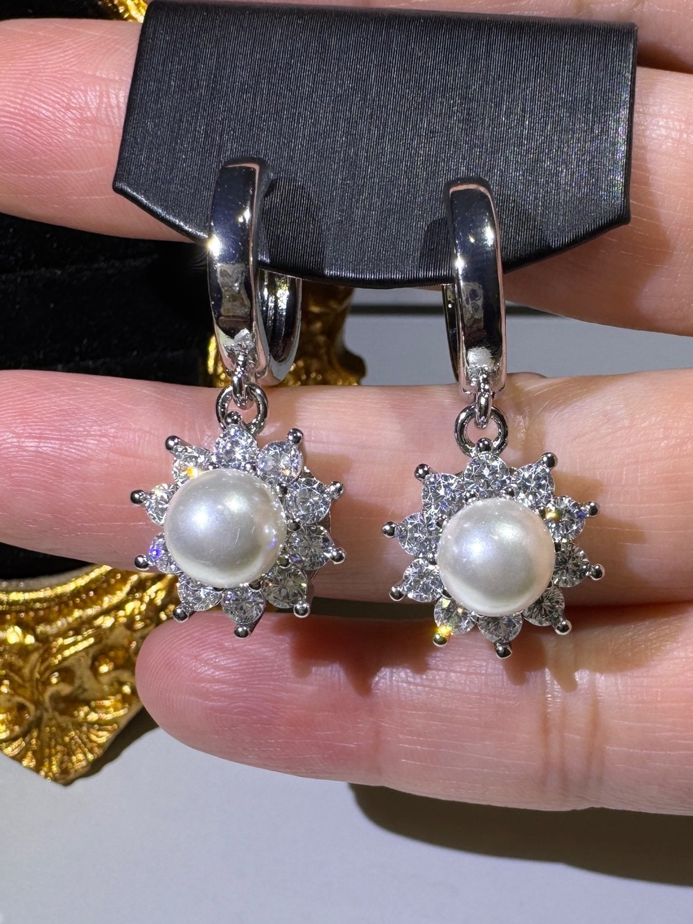 S925 Silver Needle Pearl Flower Hoop Earrings